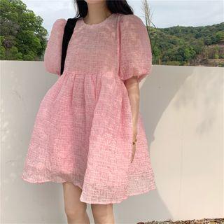Puff-sleeve Shirred Midi A-line Dress Pink - One Size