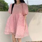 Puff-sleeve Shirred Midi A-line Dress Pink - One Size