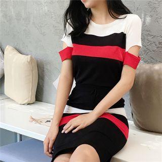 Set: Striped Cut Out Detail Short Sleeve T-shirt + Knit Skirt