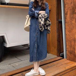 Denim Long Shirtdress As Shown In Figure - One Size