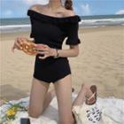 Short-sleeve Off-shoulder Frill Trim Swimsuit Black - One Size