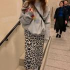Crew-neck Pullover / Leopard Print Midi Straight-fit Skirt