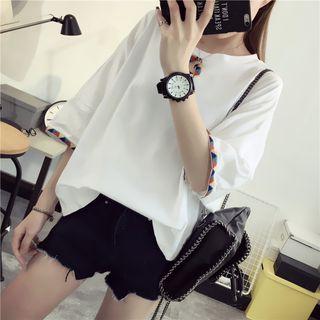 Contrast Trim Elbow-sleeve T-shirt