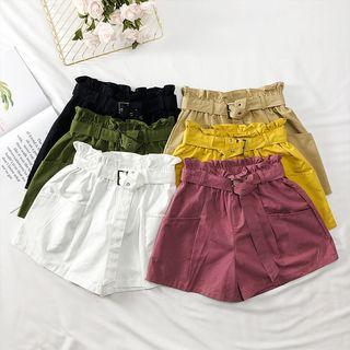 Paperbag-waist Plain Shorts With Belt
