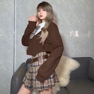 Mock Two-piece Crop Top / Plaid Mini A-line Skirt
