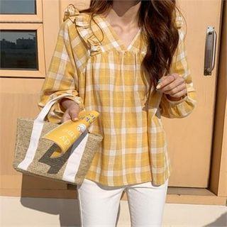 V-neck Frilled-detail Checked Top Yellow - One Size