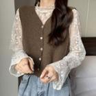 Mock-neck Long-sleeve Lace Floral Top / V-neck Plain Vest