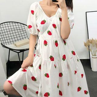 V-neck Puff-sleeve Strawberry Embroidered Dress