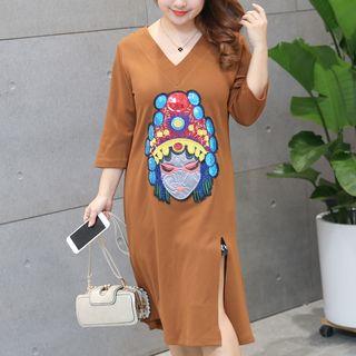 3/4-sleeve Embroidered Slit T-shirt Dress