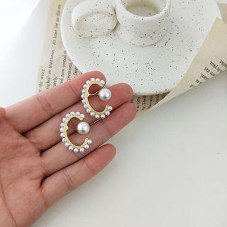 Faux Pearl Open Hoop Earring 1 Pair - Earring - Gold & White - One Size