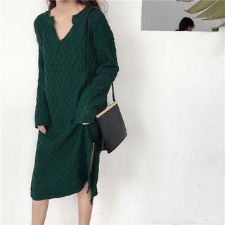 V-neck Side-slit Sweater Dress