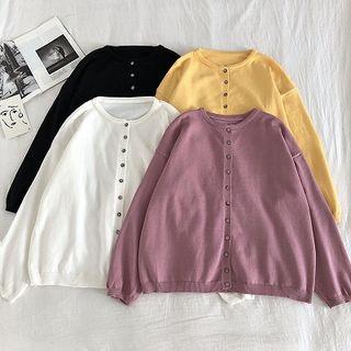Plain Crewneck Single-breasted Long-sleeve Knit Cardigan