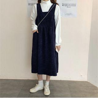 Plain Pullover / Midi A-line Corduroy Pinafore Dress / Set