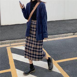 Set: Cable-knit Cardigan + Plaid Midi Fitted Skirt