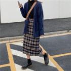 Set: Cable-knit Cardigan + Plaid Midi Fitted Skirt