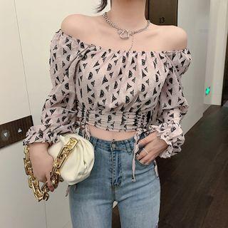 Off-shoulder Print Ruched Chiffon Blouse