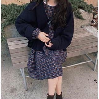 Plain Knit Cardigan / Long-sleeve Plaid Dress