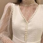 Mock-neck Mesh Long-sleeve Top / Sleeveless Tweed Dress