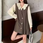 Ruffle Collar Long-sleeve Shirt / V-neck Accordion Pleat Vest