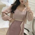 Plaid Panel Midi Spaghetti Strap Dress / Open-front Jacket