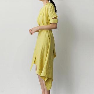 Cutout-sleeve Dip-back Linen Dress With Sash