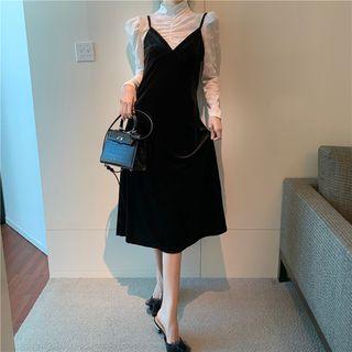 Turtleneck Lace Ruched Top / Spaghetti-strap Dress