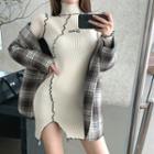 Embroidered Irregular Long-sleeve Slim-fit Dress / Plaid Coat