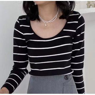 Long-sleeve U-neck Color-block Striped Knit Top