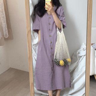 Short-sleeve V-neck Button-up Midi Dress Purple - One Size