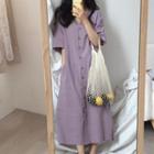 Short-sleeve V-neck Button-up Midi Dress Purple - One Size