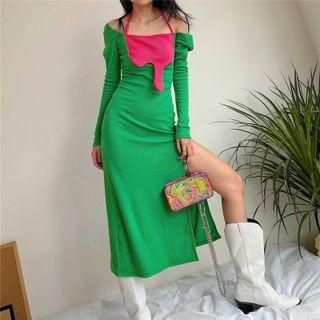 Mock Two-piece Long-sleeve Two-tone Cutout Slit Midi Sheath Dress