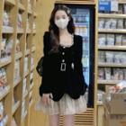 Set: Long-sleeve Rhinestone Embellished Mini A-line Dress + Belt
