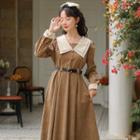 Long-sleeve Wide-collar Corduroy Midi A-line Dress