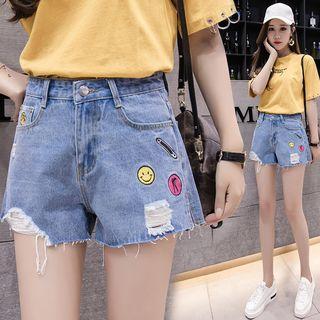 Smiley Face Embroidered Denim Shorts