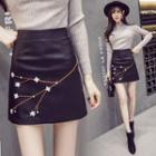 Faux Leather Embroidered Mini A-line Skirt