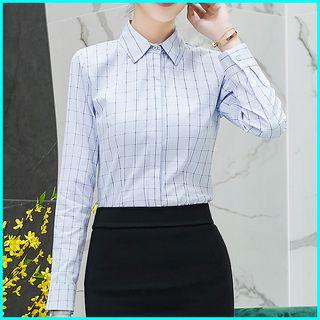 Plaid Hidden Placket Shirt / Mermaid Pencil Skirt / Set