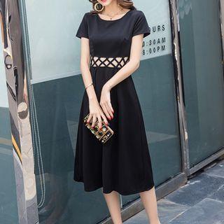 Short-sleeve Perforated Panel A-line Midi Dress