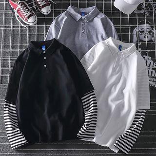 Couple Matching Mock Two-piece Long-sleeve Striped Paneled Polo Shirt