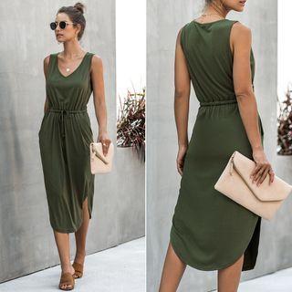 Plain Drawstring-waist V-neck Midi Tank Dress