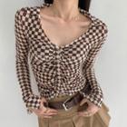 Long-sleeve Collar Checkered T-shirt Checkered - Coffee - One Size