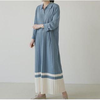 Polo-neck Accordion Pleat Knit Maxi A-line Dress