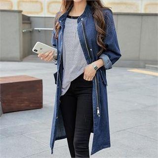 Zip-up Denim Long Jacket Dark Blue - One Size