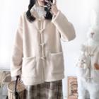 Toggle-button Hooded Fleece Coat Beige - One Size