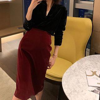 Set: Plain Blouse + High-waist Midi Pencil Skirt