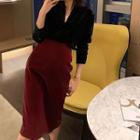 Set: Plain Blouse + High-waist Midi Pencil Skirt