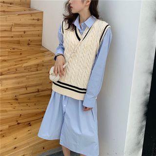 Plain Long-sleeve Shirtdress / Color-block V-neck Knit Vest As Figure - One Size