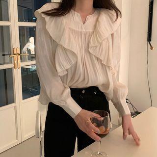 Long-sleeve Ruffled V-neck Blouse Off-white - One Size