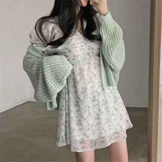 Plain Cardigan / Long-sleeve Floral Mini A-line Dress
