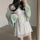 Plain Cardigan / Long-sleeve Floral Mini A-line Dress