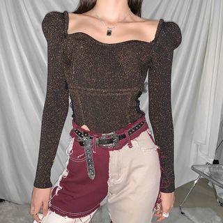 Long-sleeve Square-neck Glitter Knit Top